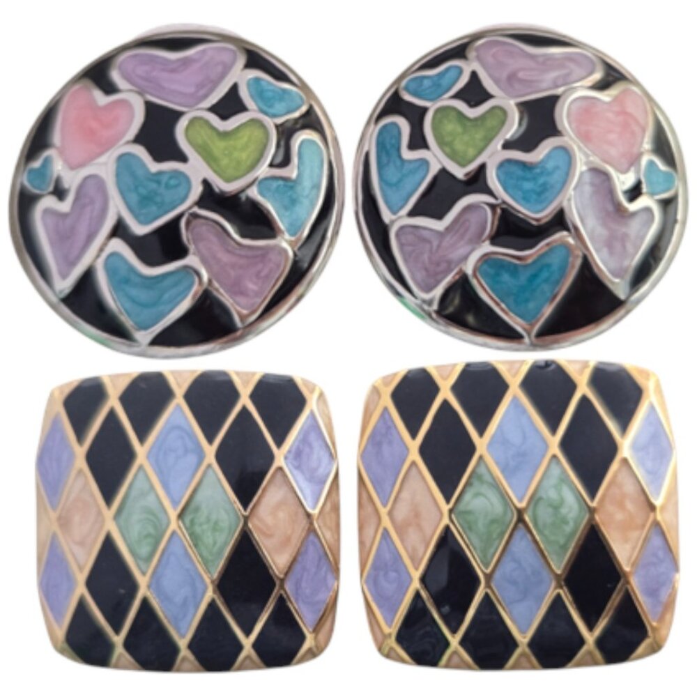Bob Mackie Clip on Earrings Multi Color Enamel Gold Tone Silver Tone Pair Signed